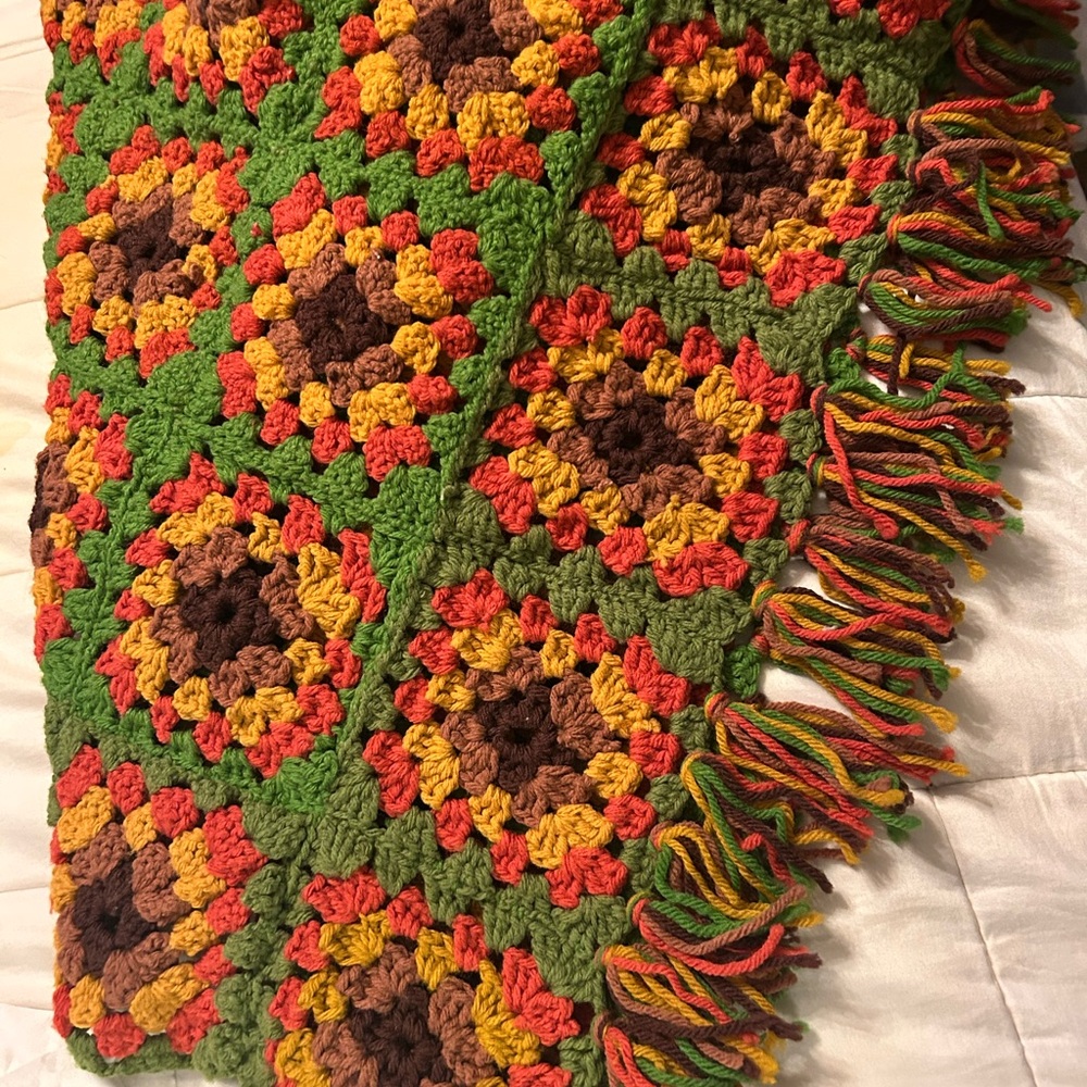 Vintage Colorful Granny Afghan Squares Crochet Blanket Coverlet 3”Fringe#0610259